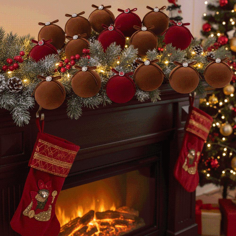 Flocked Velvet Christmas Balls Shatterproof Plastic 8cm Tree Baubles Bow Ornament Set Florists