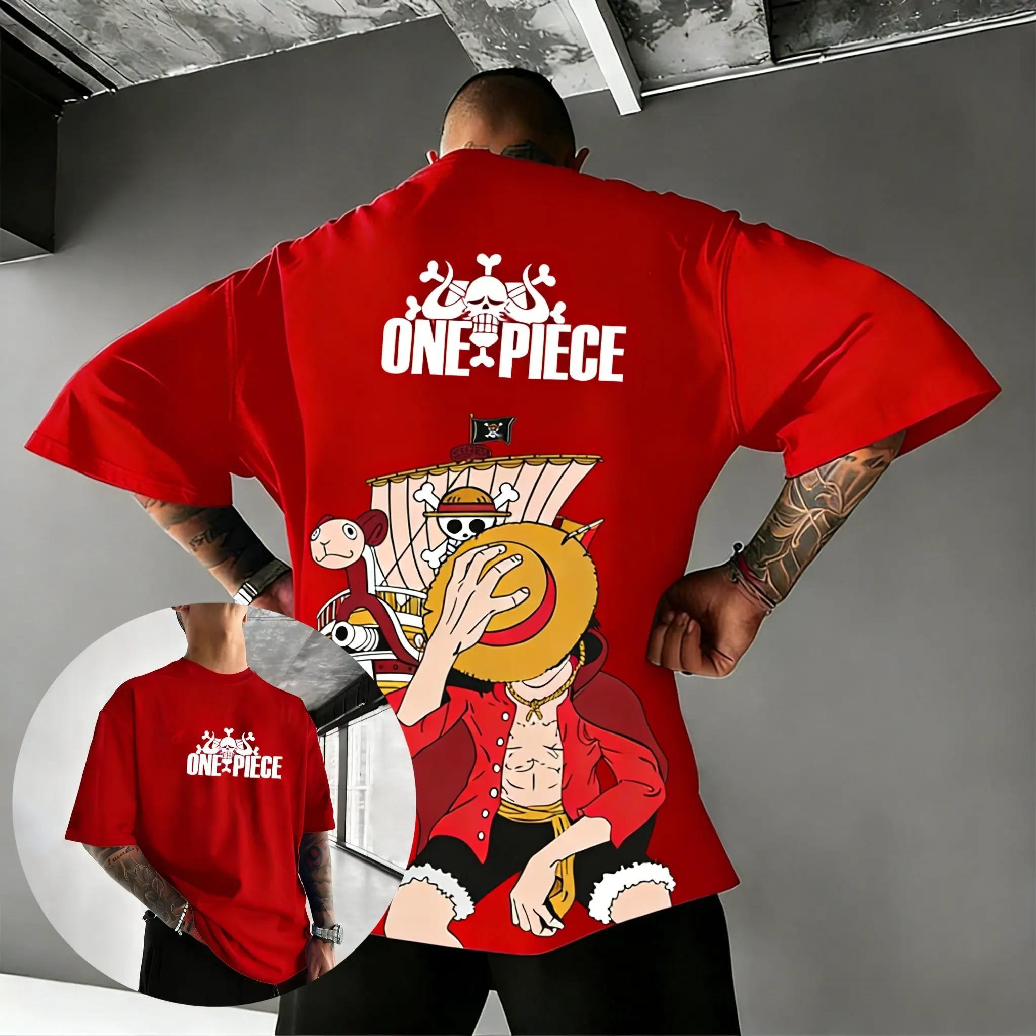 

One Piece Luffy Anime Men s T Shirt Cotton Short Sleeve Tee 2026 Summer Streetwear Graphic Print Casual Tops Y2k Clothes Unisex XXXL червоний