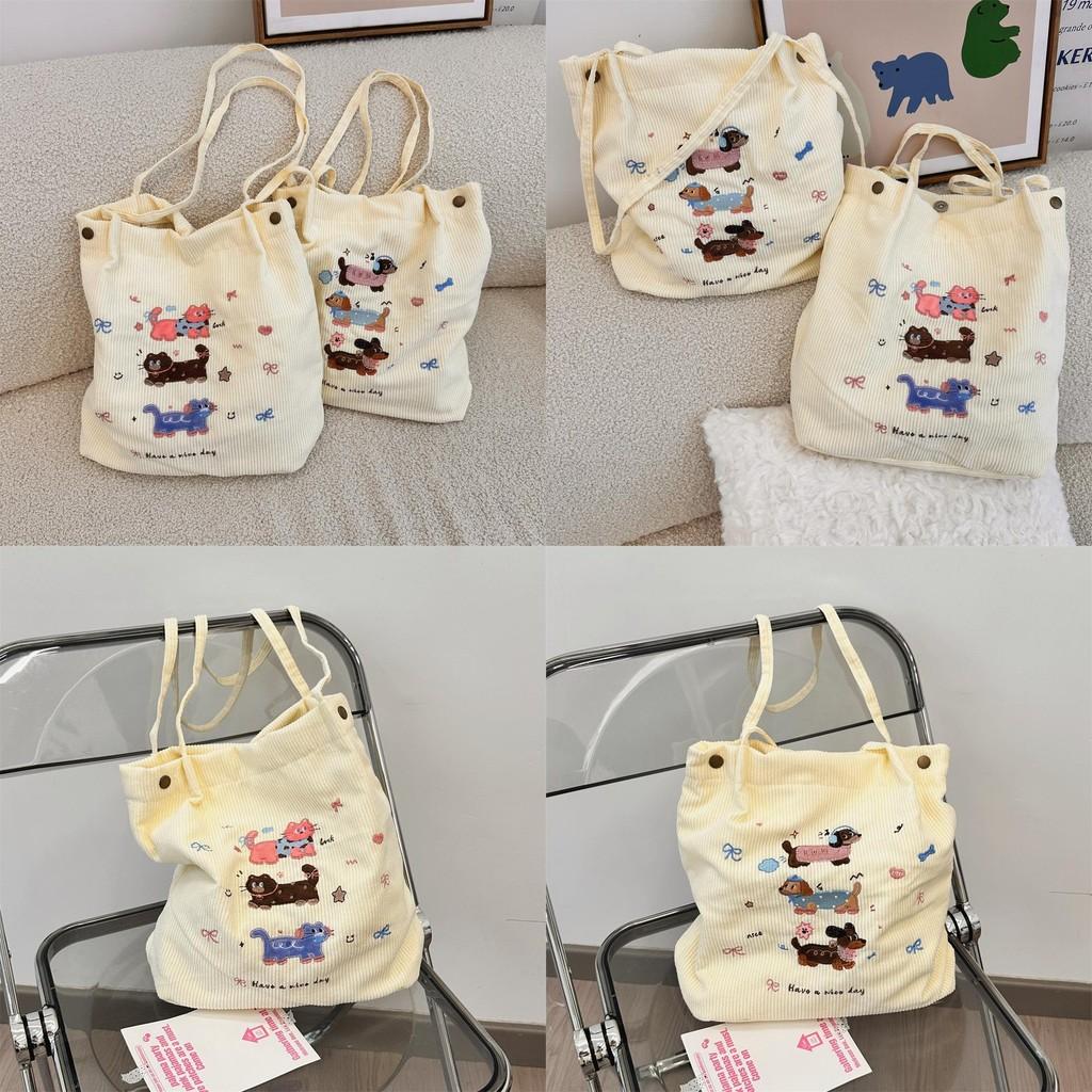 Stylish Embroidered Cartoon Dog And Cat Corduroy Shoulder Bag For Everyday Use