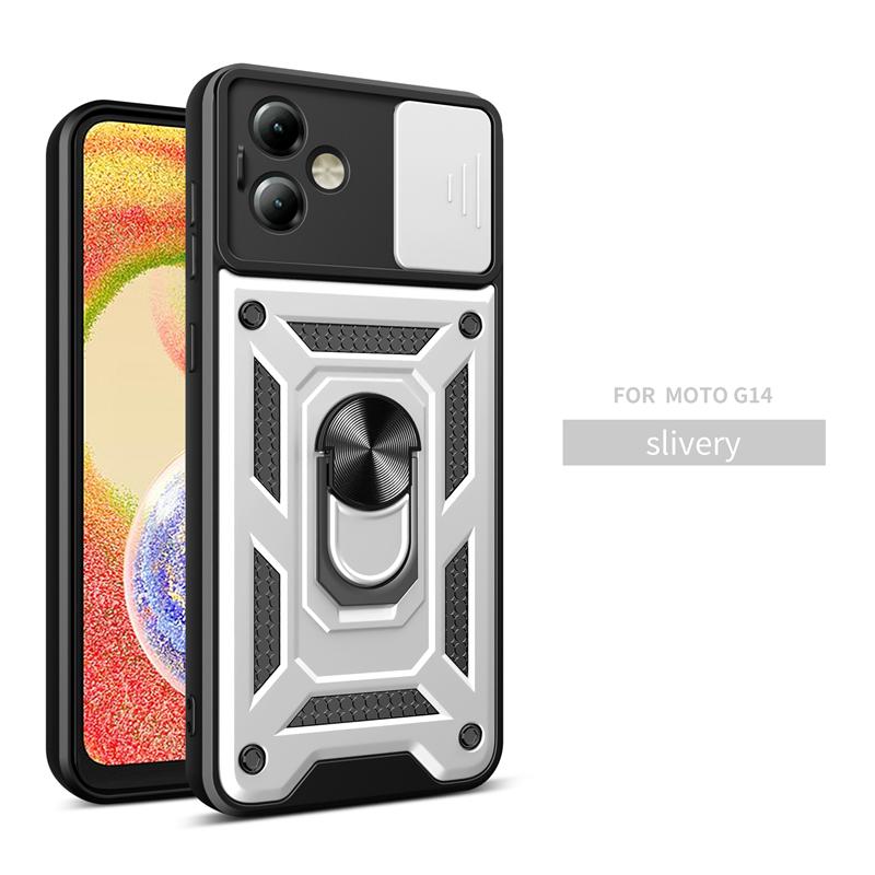 For Motorola G14 4G Case Slide Camera Protection Phone Case for Moto G14 G 14 MotoG14 Car Magnetic Ring Holder Armor Back Cover