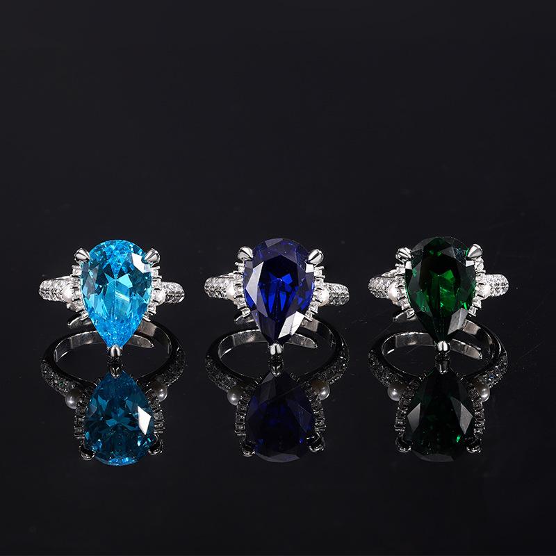 Light Luxury Simple Water Drop Pear Ring Blue Crystal Sea Blue Emerald Open Ring Women'S