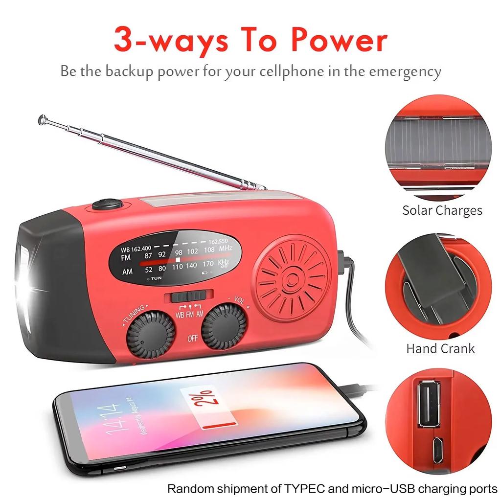 2000mAh Solar Hand Crank Emergency Radio AM FM WB NOAA Weather Alert USB Charger LED Flashlight Power Bank for Outdoor