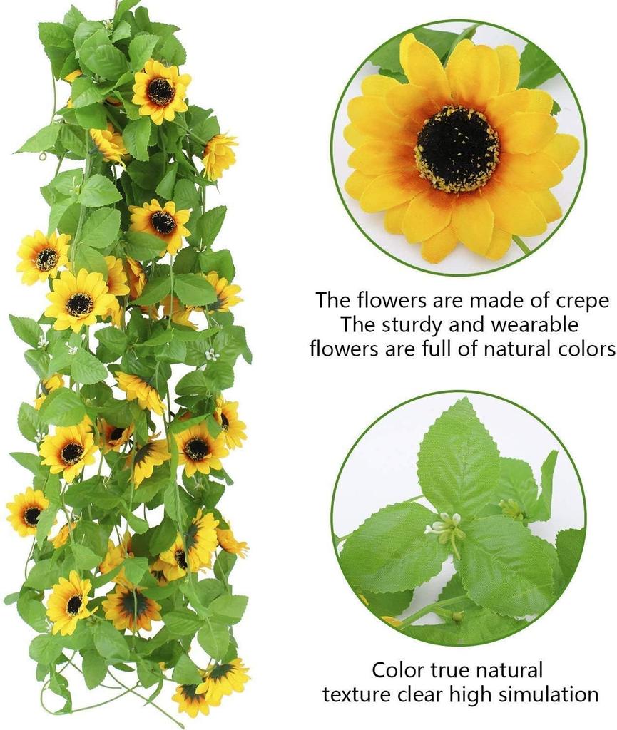 Künstliche Sonnenblumen-Girlande Seiden-Sonnenblumen-Ranke Gelbe Blume Grüne Blätter Außenbereich Fake Hängepflanzen