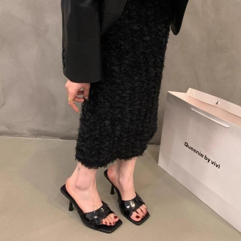 Fashion 2025 Summer Hot Selling Women's Square Toe High Heels Fashionable and Elegant Outdoor Versatile Silver Women Slippers