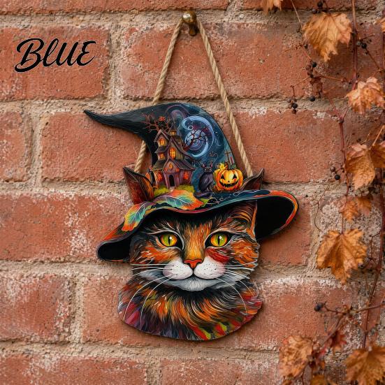 Solid Wood Halloween Plaque Wooden Hanging Door Sign Cute Painted Cat Welcome Ornament with Witch Hat Haunted House Decoration Pumpkin Rustic