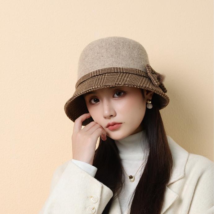 Autumn and Winter New Bow Bucket Hat Women's Woolen Basin Hat Mother Outdoor Warm Hat