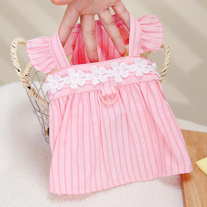 Korean version of pet small dog Teddy Pomeranian dog clothes princess traction spring and summer thin vertical strip doll skirt