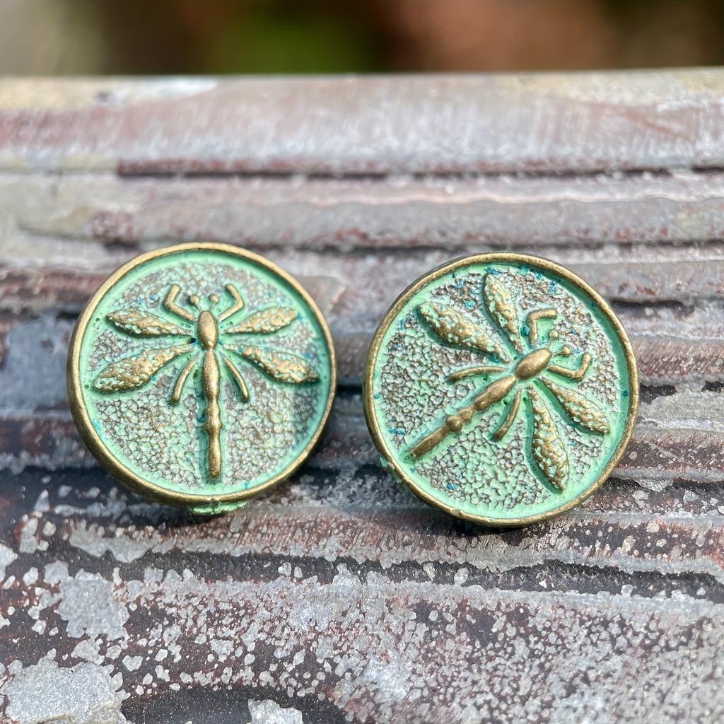 10pcs 17mm Vintage Metal Shank Buttons, Dragonfly Engraving with Green Patina, DIY Jewelry Accessories Flower Button Clothing Accessories