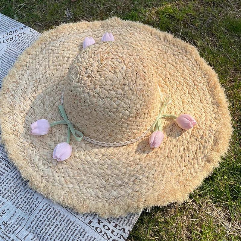 Japanese and French Sweet Tulips Straw Hat Sun Protection Big Brim Sun Protection Lafite French Big Brim Straw Hat