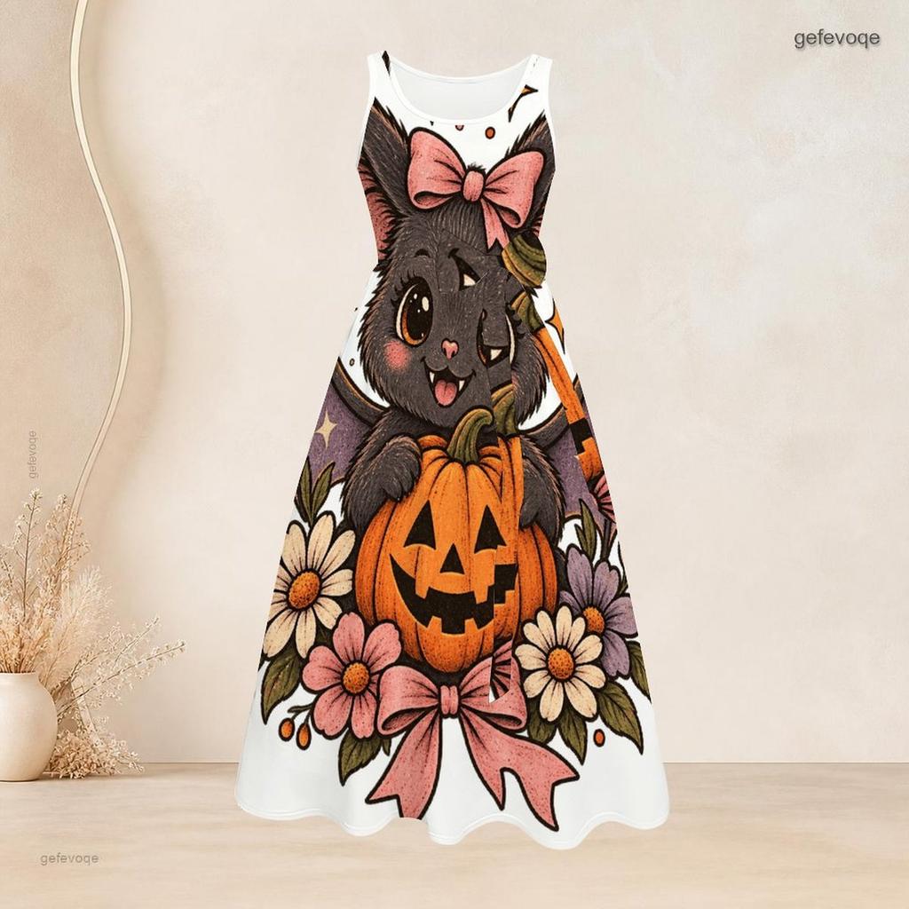 Women Plus Size White Round Neck Sleeveless Halloween Panda Ghost Printed Tie Waist A Line Dress