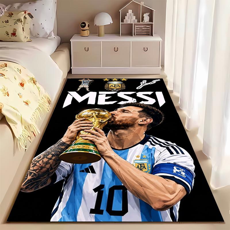 Sports Area Rug, Lionel Messi Argentina Number 10 Kiss World Cup Trophy Black Background AFA Crest Print, Fan Decor, Non-Slip Mat