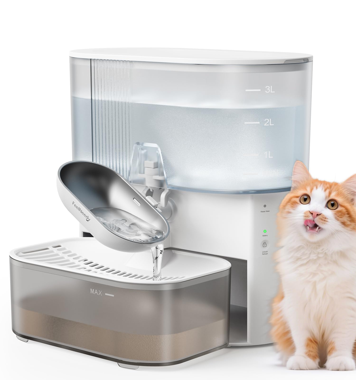 

FEELNEEDY Беспроводной кошачий фонтан для воды с отделенным стоком, без фильтра, беспроводной, автоматический для домашних животных, легкий, из нержавеющей стали, 180 дней белого белый