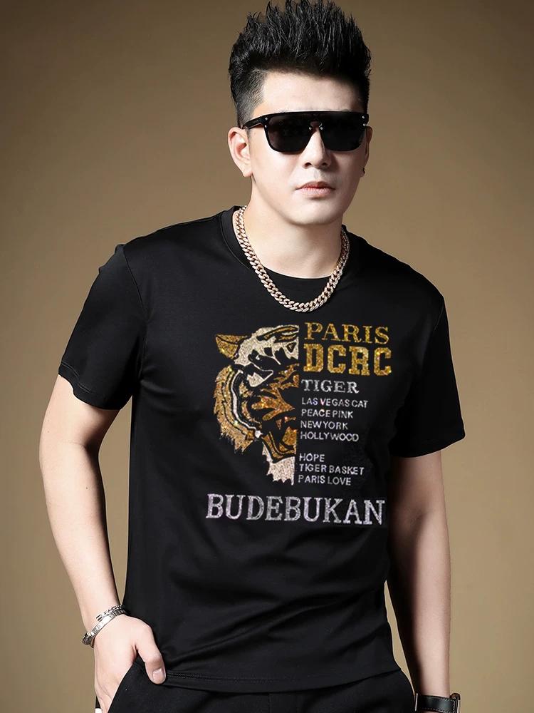 Men s Tiger Rhinestone Print Heavyweight Short-Sleeve T-Shirt L