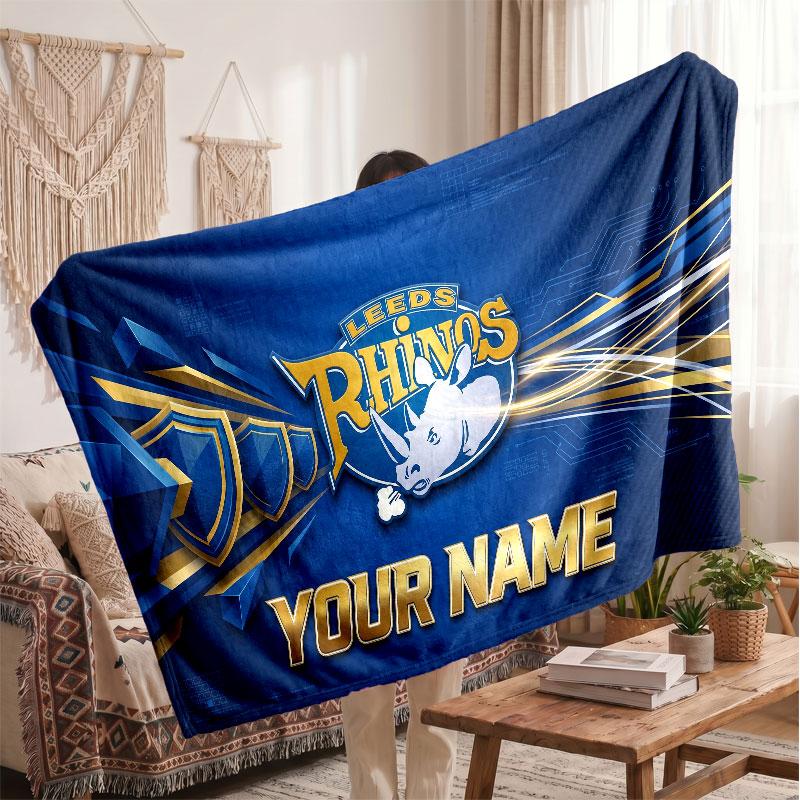 Leeds Rhinos Flannel Blanket, Custom Name Text Personalized Soft Throw Blanket Home Decor Gift