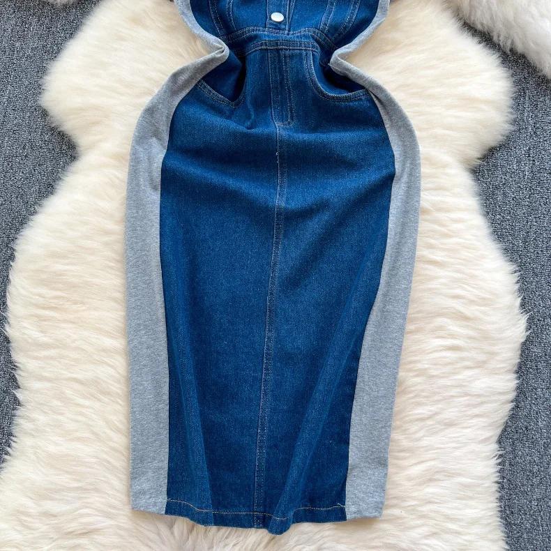 New Trendy Casual Dress Women's Contrast Vintage Denim Panel Short Sleeve Slim Fit Pencil Dress