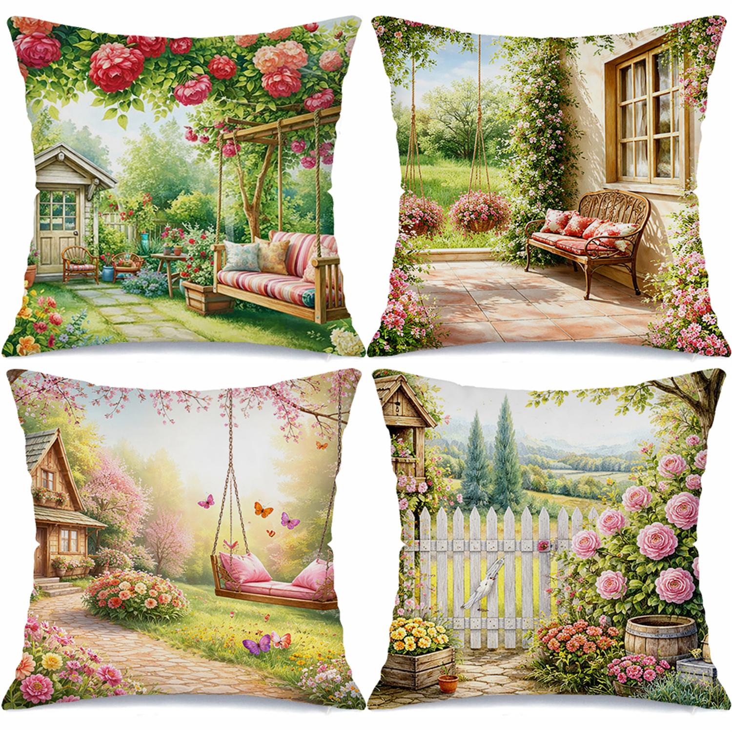 Balançoire de jardin, lianes, fleurs impression numérique housse de coussin Peluche courte Convient pour salons chambres canapés coussin d'appoint housse 35x35cm