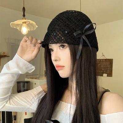Women's Cute Black Bow Beanie Versatile Hollow Korean Style Elastic Head-Wrapping Lace Hat Summer