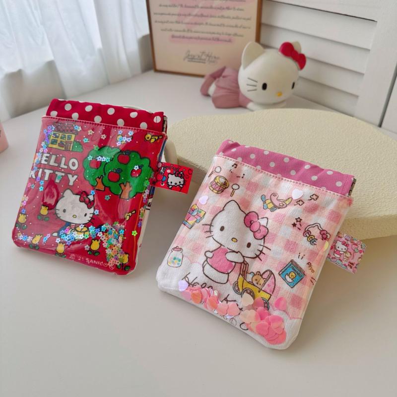 Cute Cartoon Quicksand Kt Cat Cosmetic Bag Portable Sanitary Napkin Storage Bag Lovely Lipstick Bags Travel Toiletry Bags