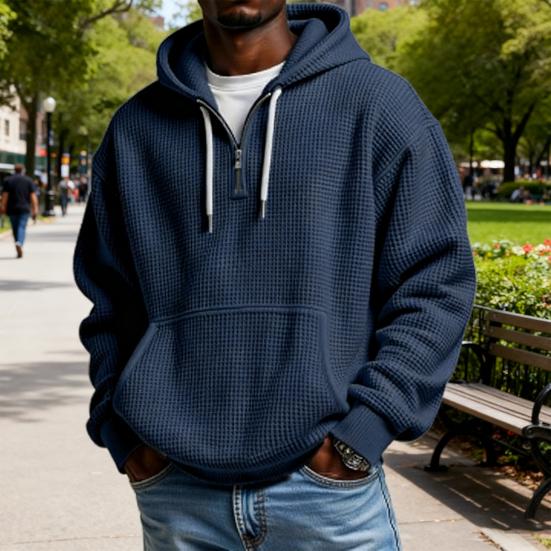 Sudadera para Hombre con Capucha de Tejido Waffle Color Sólido Jersey con Cremallera 1/4 y Bolsillo Delantero Otoño Invierno Casual Corte Holgado Tops Deportivos