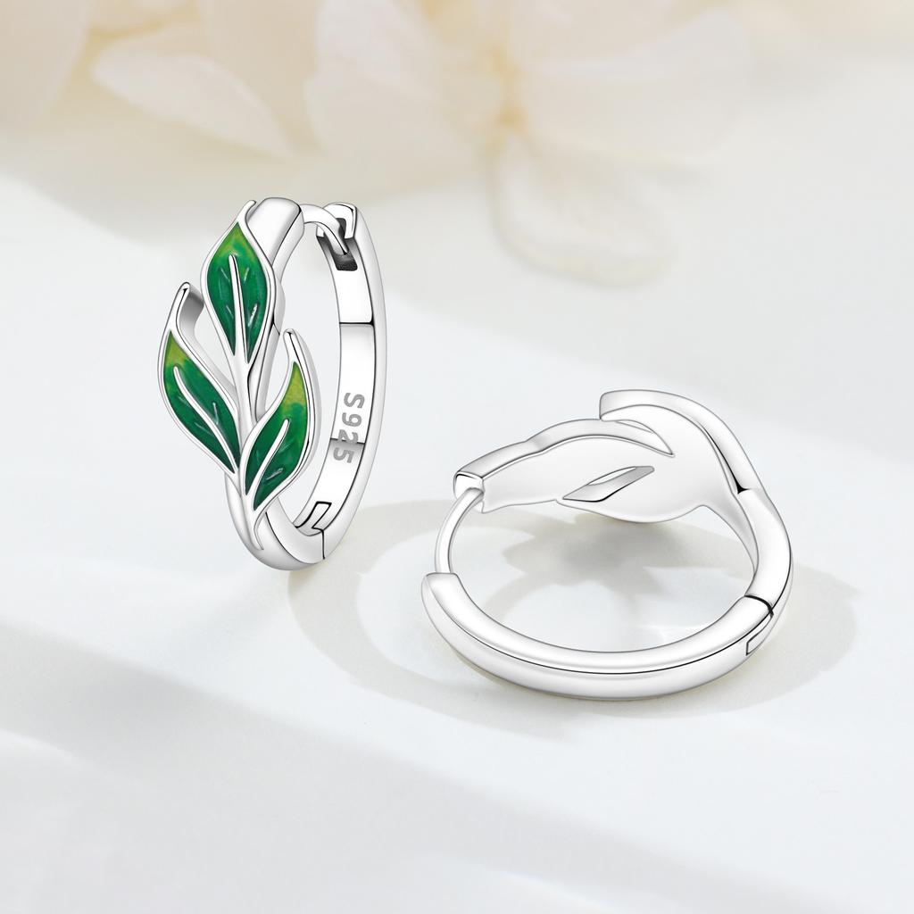 S925 Sterling Silver Green Flowers and Leaves Earrings Hoop Earrings Women Jewelry Original Trendy Anniversary Gifts