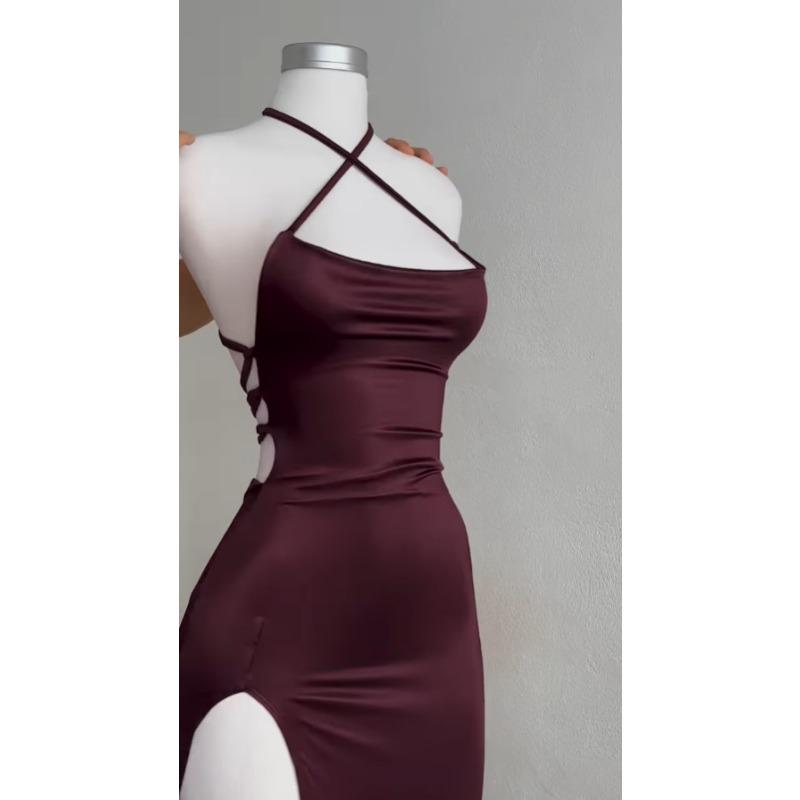 Neue Mode Sommer Sexy Träger Langes Kleid Y2K Rückenfrei Ärmellos Elegant Party Bodycon Hoher Schlitz Lange Kleider Damen Einfarbig Damenbekleidung
