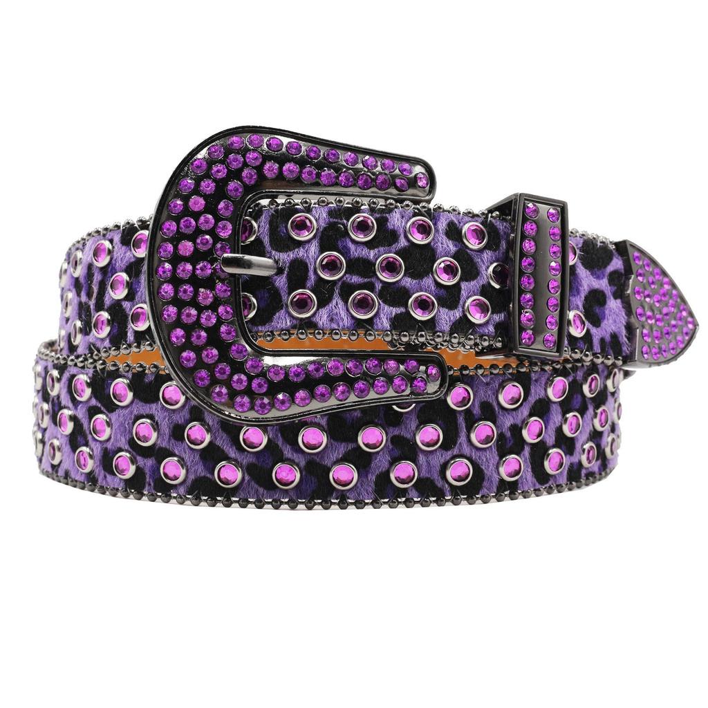 Leopard Print Rhinestone Leather Belt - Y2K Style for Women