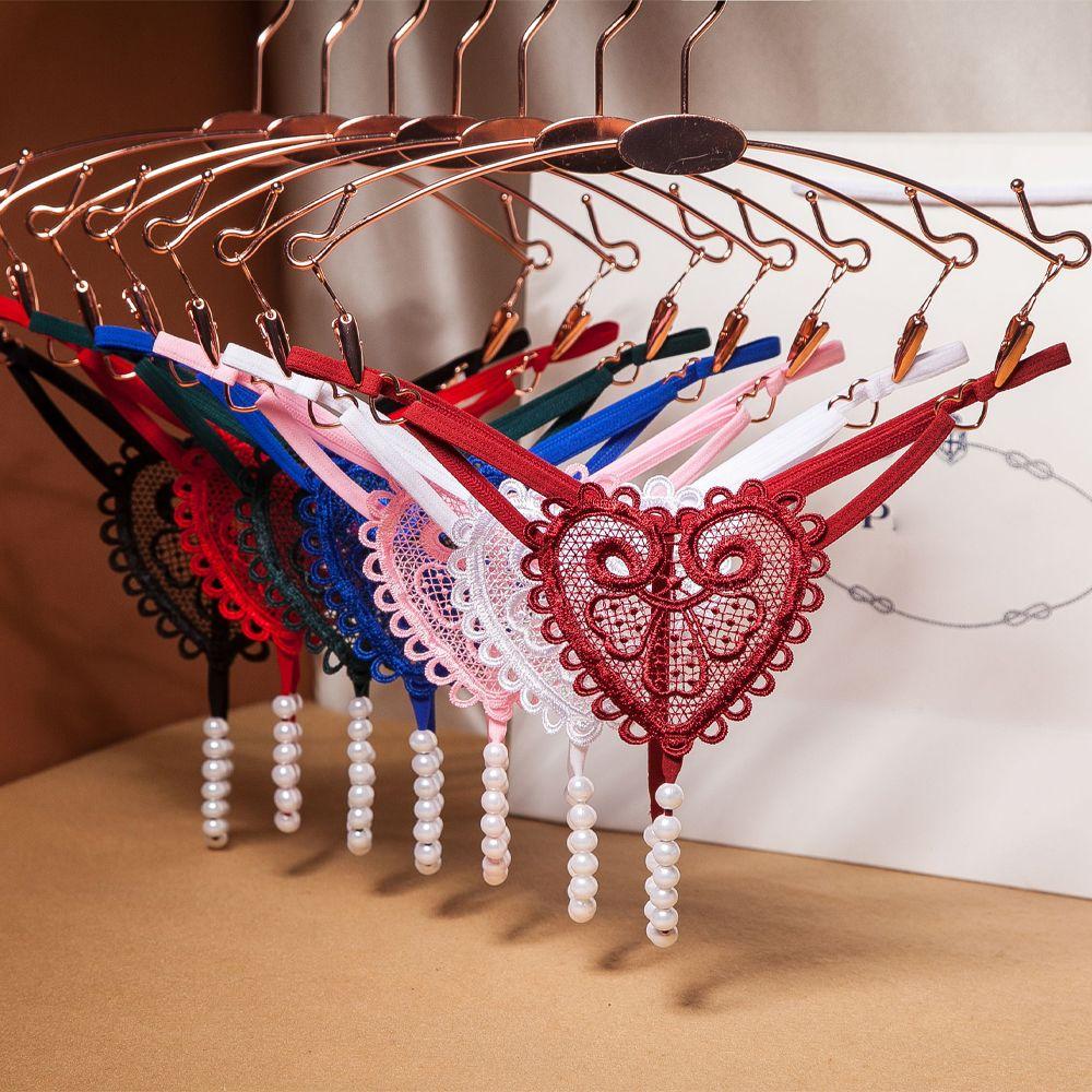 Transparent Sexy Low-Rise Embroidery Love Heart Underwear Thongs Lingerie Pearl Massage Panties