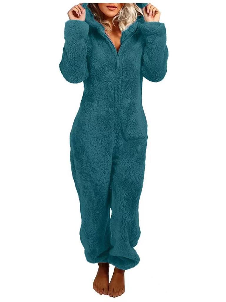 2025 European & American Autumn/Winter Women's Fleece-Lined Fur Jumpsuit Pajamas, Hooded, Available in 17 Colors