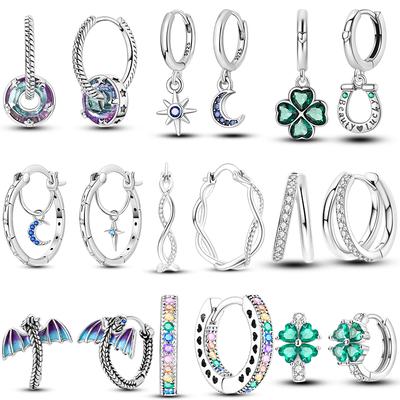 925 Silber Stern Mond Creolen Funkelnde Zirkonia Kleeblatt Ohrringe für Damen Hübscher Schmuck für Hochzeitsfeiern Geschenke