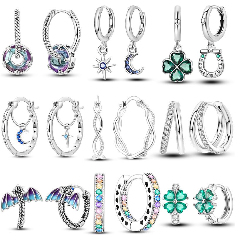 925 Silber Stern Mond Creolen Funkelnde Zirkonia Kleeblatt Ohrringe für Damen Hübscher Schmuck für Hochzeitsfeiern Geschenke