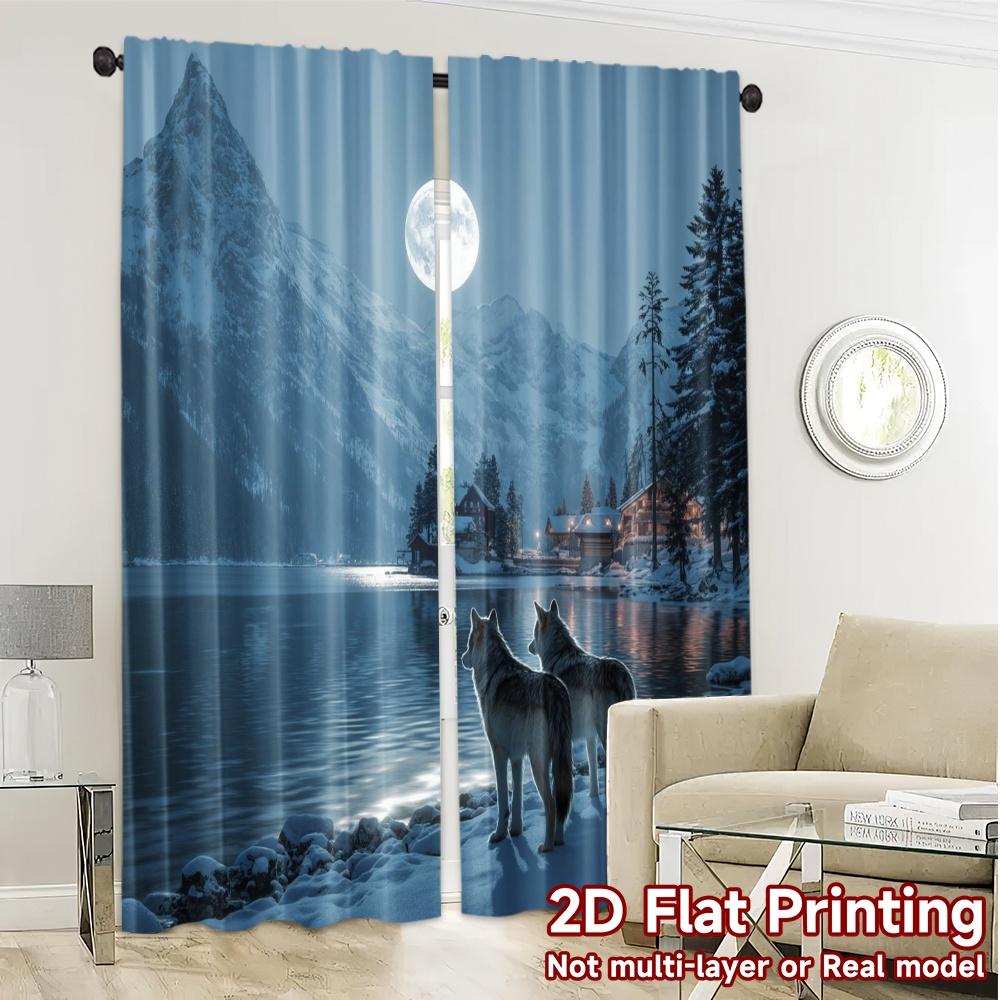 2pcs   2D FLAT PRINTING Curtains (Without Rod) Moonlit Wolves(1) Chic Curtain Chic Polyester Curtains Festive Decorative for