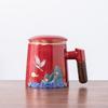 Ceramic Tea Cup with Lid Tea Separation Cup Filter Water Cup Creative Wooden Handle Cup Office Cup Gift Cup Guochao