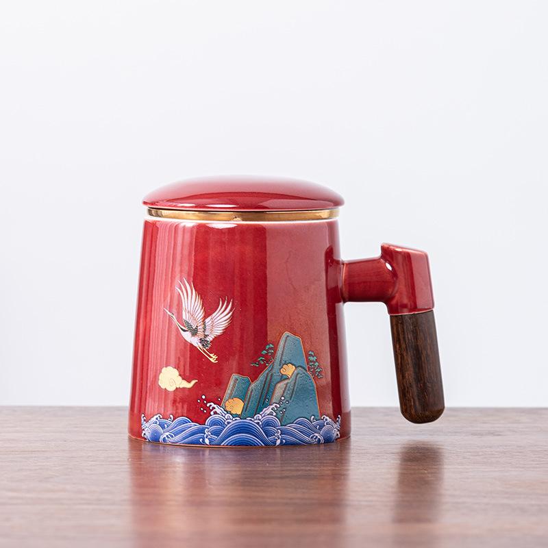 Ceramic tea cup with lid tea separation cup filter water cup creative wooden handle cup office cup gift cup Guochao