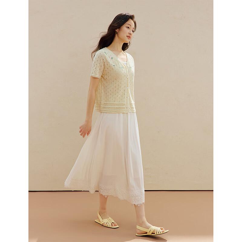 INMAN Women's French V-Neck Embroidered Knit Cardigan