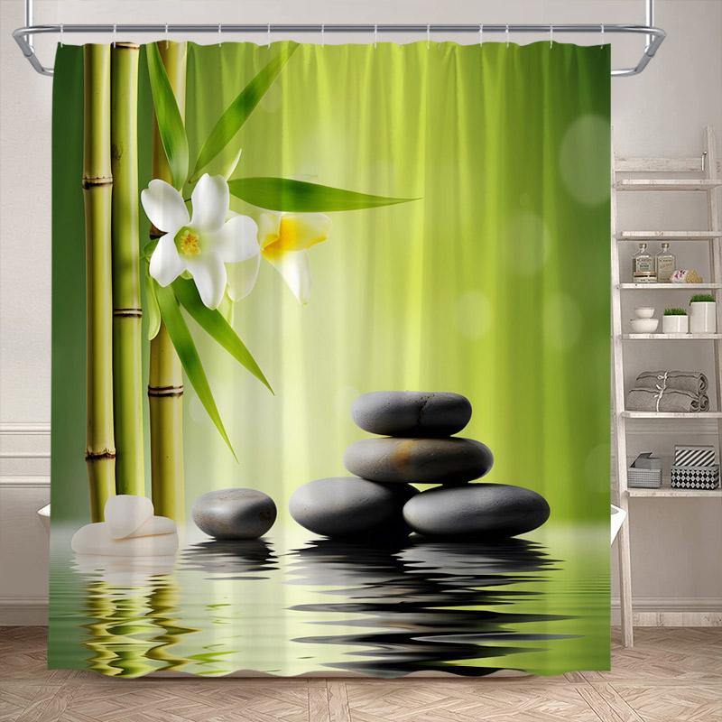 Zen Shower Curtain Natural Flowers Butterfly Grey Stone Reflection Spa Scenery Home Bathroom Decor Polyester Fabric Bath Curtain