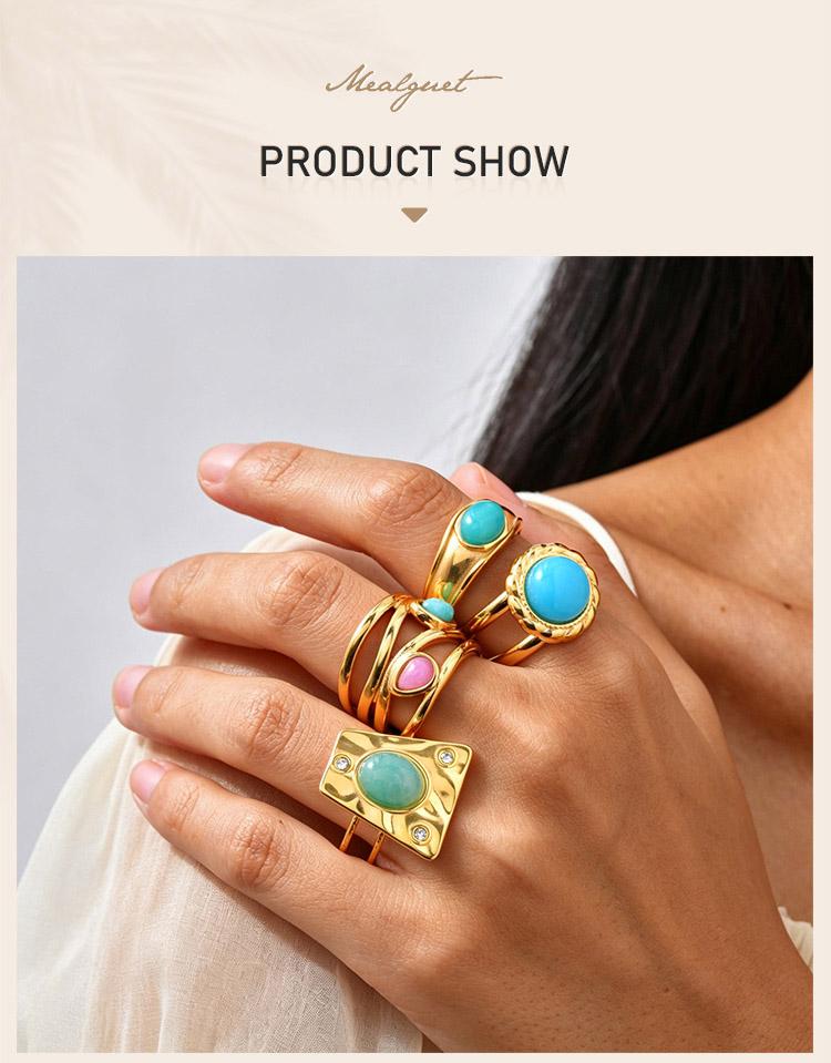 Boho Natural Stone Statement Ring for Women, Geometric Shield Multi Layer Open Band, Aesthetic Stackable Jewelry