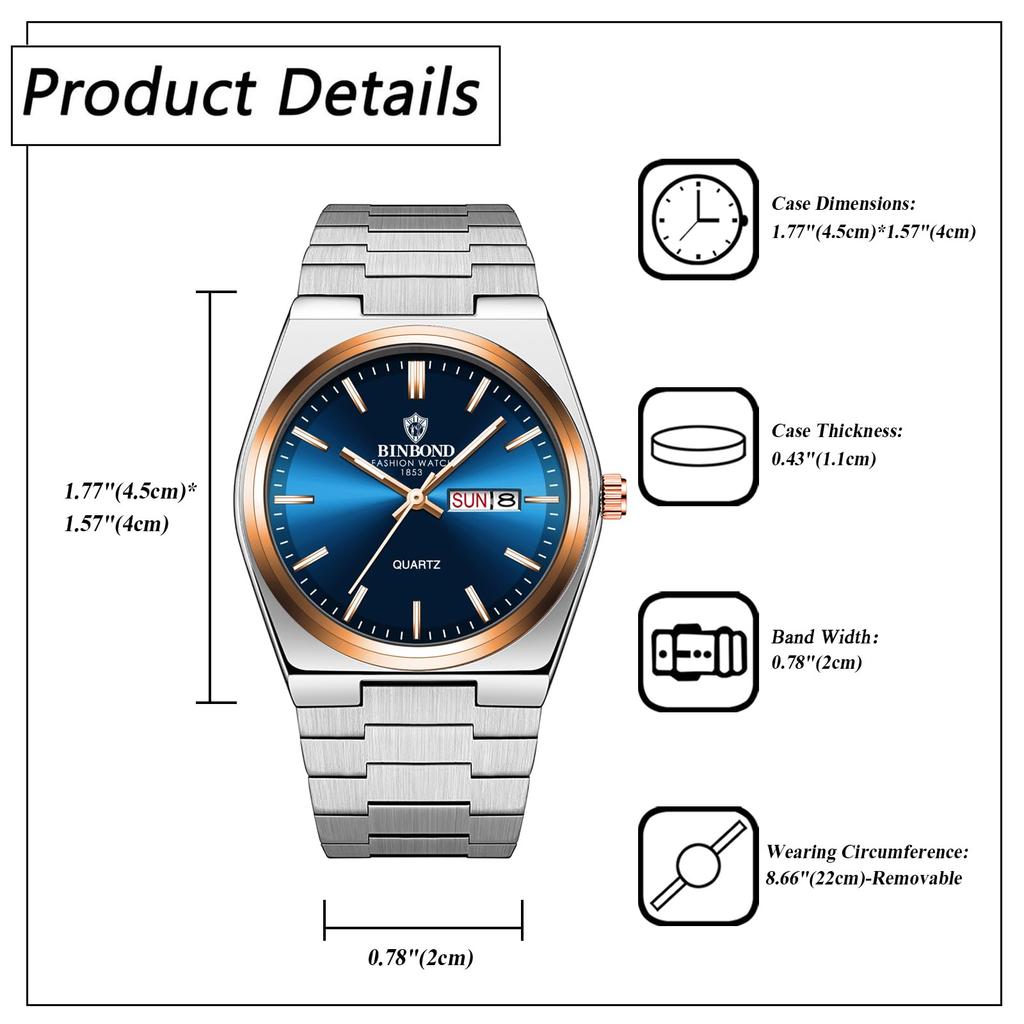 Men's Analog Watch with Stainless Steel Case, 3ATM Water Resistance, Calendar, Quartz Movement, and GoldSilver Colors - Perfect for Birthdays,