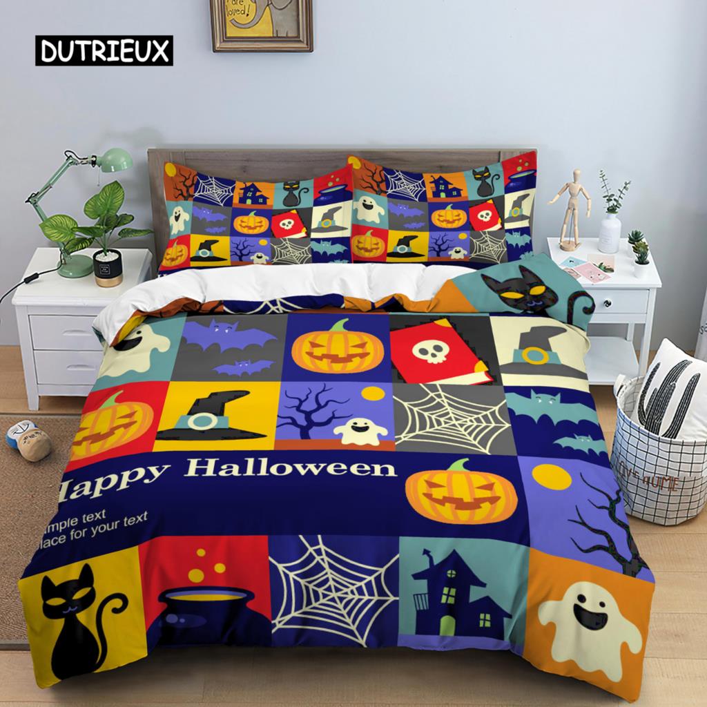 Happy Halloween King Queen Duvet Cover Orange Pumpkin Bedding Set Kids Teens Adults Bats Horror Festival Polyester Quilt Cover