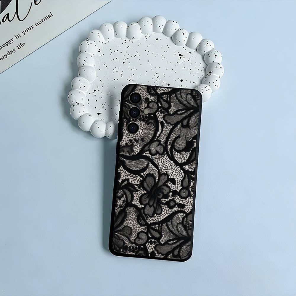 L-Lace Print Pattern Phone Case For Samsung S25,S24,S21,S22,S23,S30,Ultra,S20,Plus,Fe,Lite,Black Soft Silicone