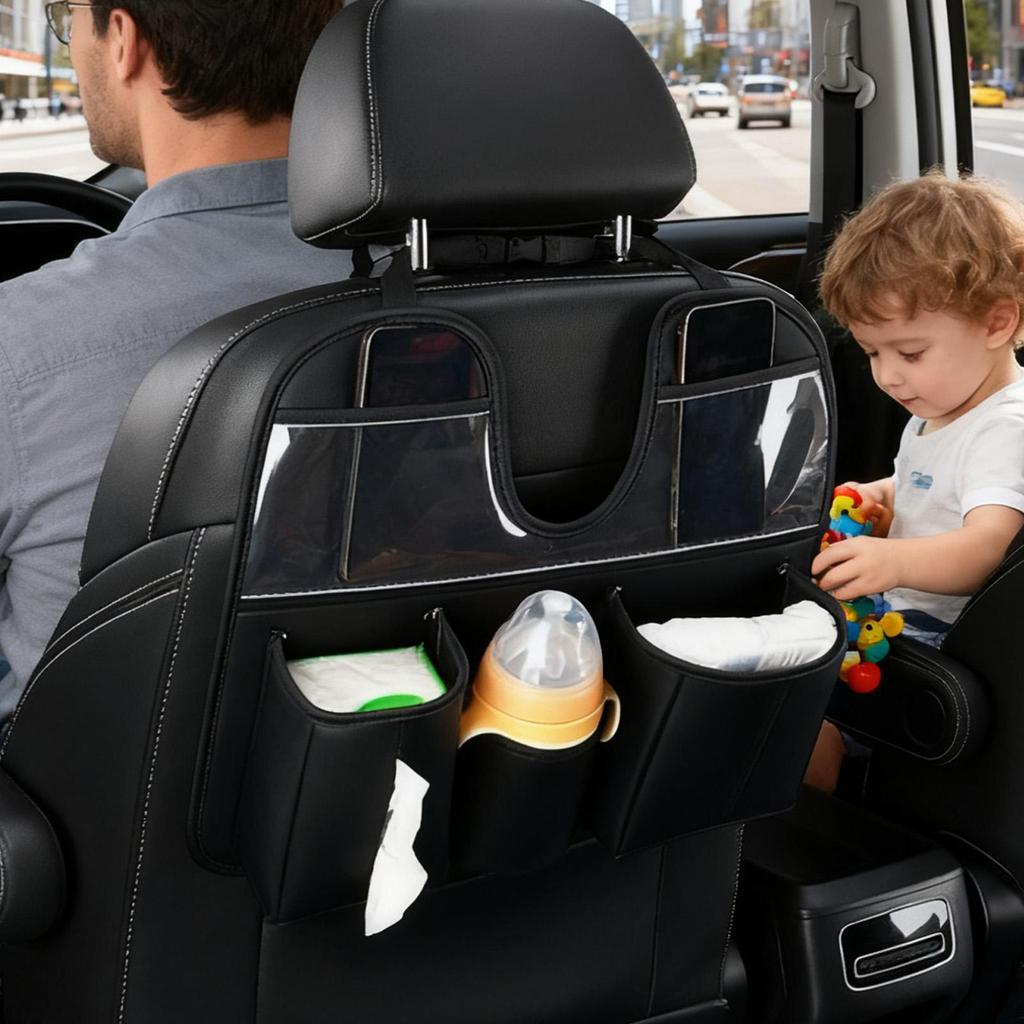 Back Seat Organizer With Cup Tablet Holder Behind Seat Car Organizer Kick Mats For SUV RV Truck Sedan Kids Toys Snack Tissue