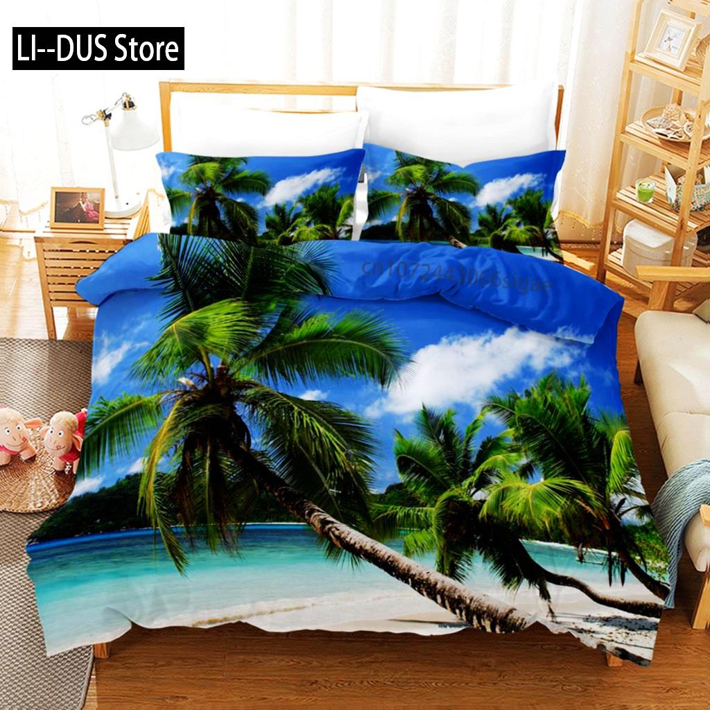 Plaj Yorgan Kılıfı Takımı Yaz Plaj Dekoru Hawaii Tatil Stili Yatak Takımı Polyester Palmiye Ağacı Tropikal Doğa Deniz Yorgan Kılıfı