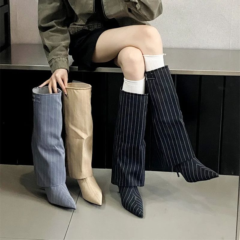 Fashion IPPEUM Women Knee High Boots Thin Heel Denim Point Toe Winter Retro Shoes Botas Mujer