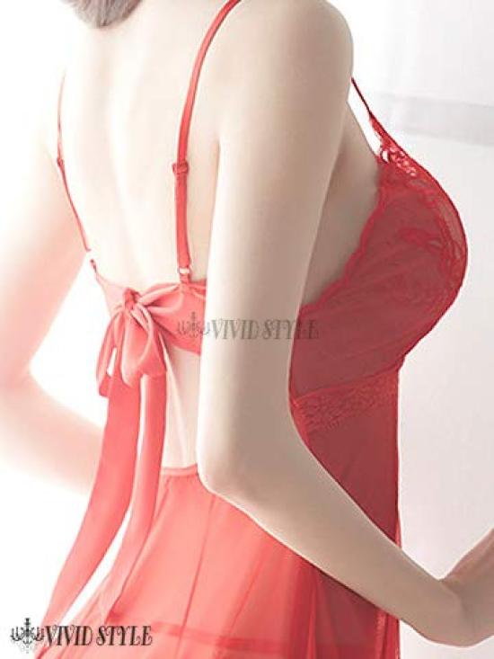 Sexy Rigid M Size [Vivid Style] Lingerie, Babydoll, Mesh, Lace, Basic, Sheer, Beautiful, Women's, Red,