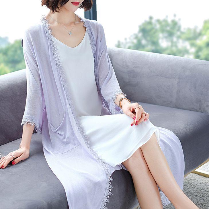 

Летний вязаный кардиган кружевной шелковый кондиционер с длинным рукавом солнцезащитное пальто для верхней одежды свободный V-образный вырез рукава шаль Seven Cent внешний 2XL фиолетовый