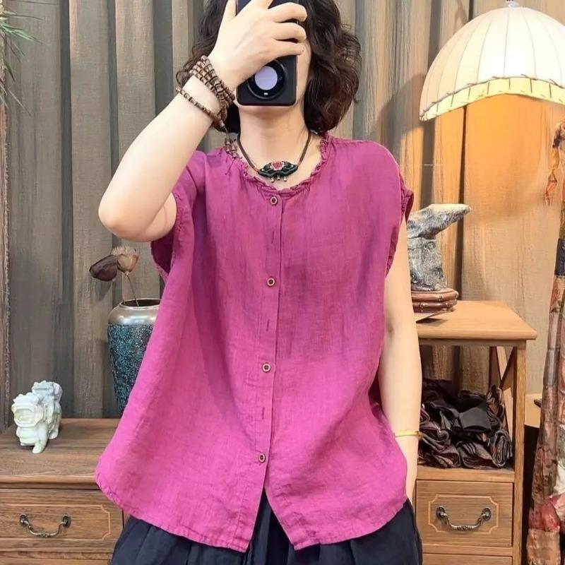 Women Purple Linen Blend Ruffle Trim Stand Collar Sleeveless Button Up Shirt
