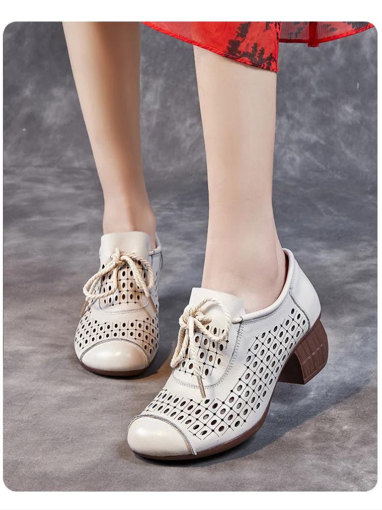 Johnature Retro Women's Shoes Genuine Leather Hollow-out Breathable Soft Sole Thick Heel Sandals