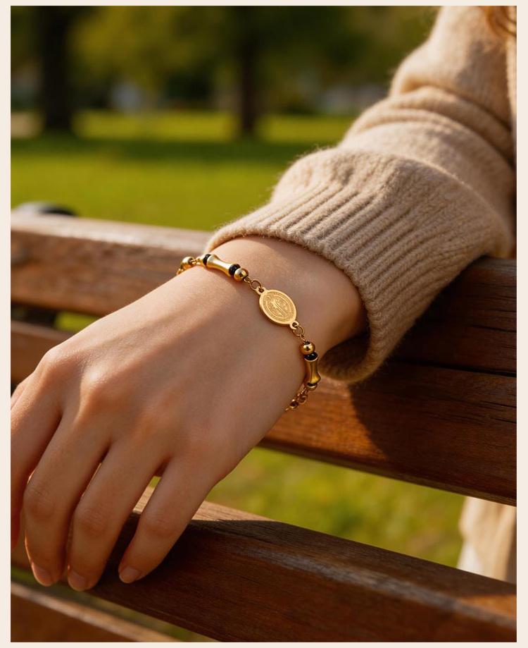 Saint Benedict Rosary Bracelet Bamboo Bead Design 18K Gold Plated Stainless Steel Cross Adjustable Catholic Jewelry