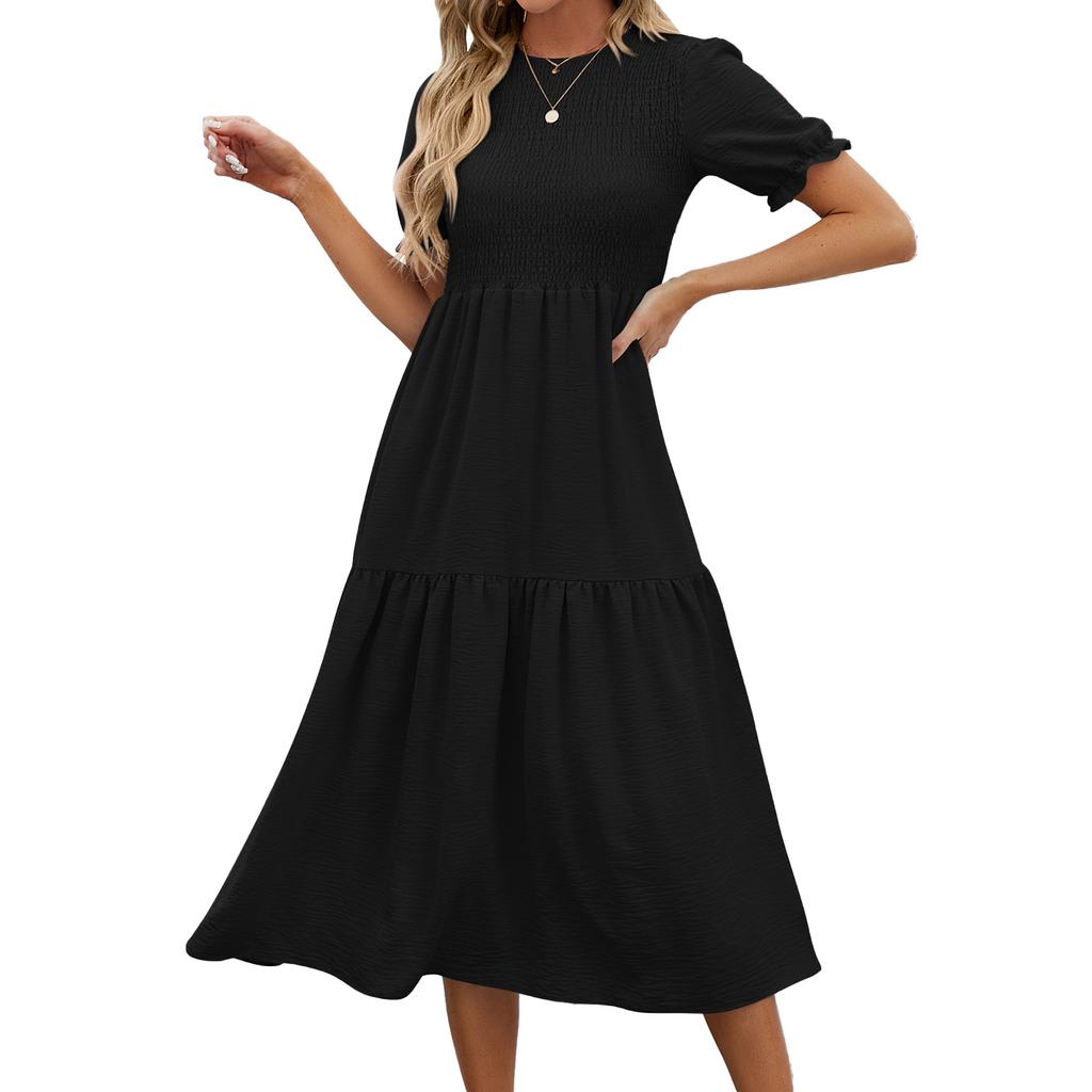 Summer Women's Dress Solid Color Round Neck Patchwork Short Sleeve Dress