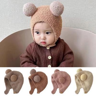 Fall Winter Children Hat Knitted Cartoon Ear Decor Thick Soft Elastic Button Closure Unisex Anti-slip Lightweight Warm Ear Protection