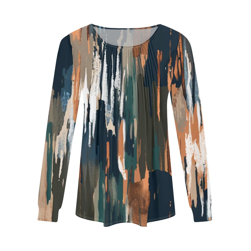 Women's Fashion Casual Pleated Round Neck Vintage Floral Print Long Sleeve T,Shirt Top